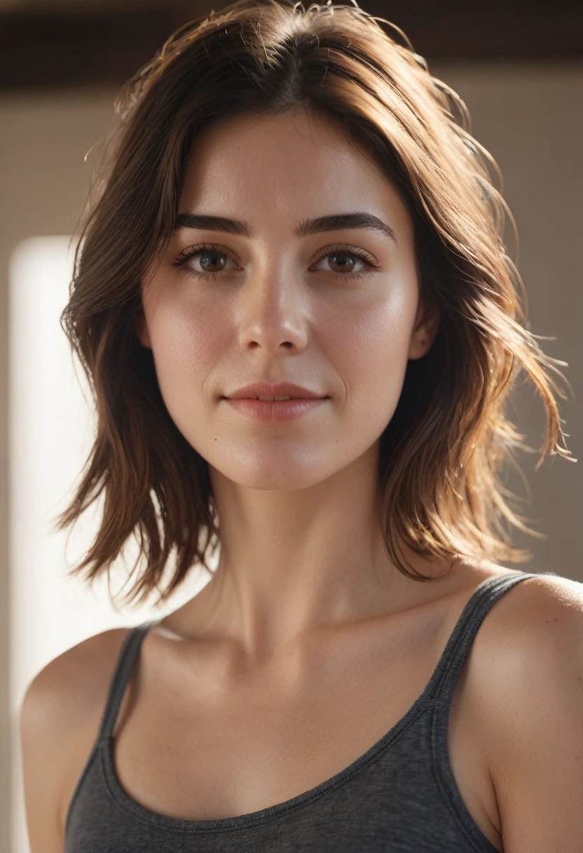 A high quality photo of super very close-up portrait of a beautiful 25 year old woman with a mesmerizing and intense gaze, her face illuminated by natural light. The background is simple, Her expression is one of happiness and wonder, her hair is slightly messy, soaked film, 4k , 8k ,UHD, slightly sweaty skin, arms up, sleeveless, collarbone, photorealistic, open arms,