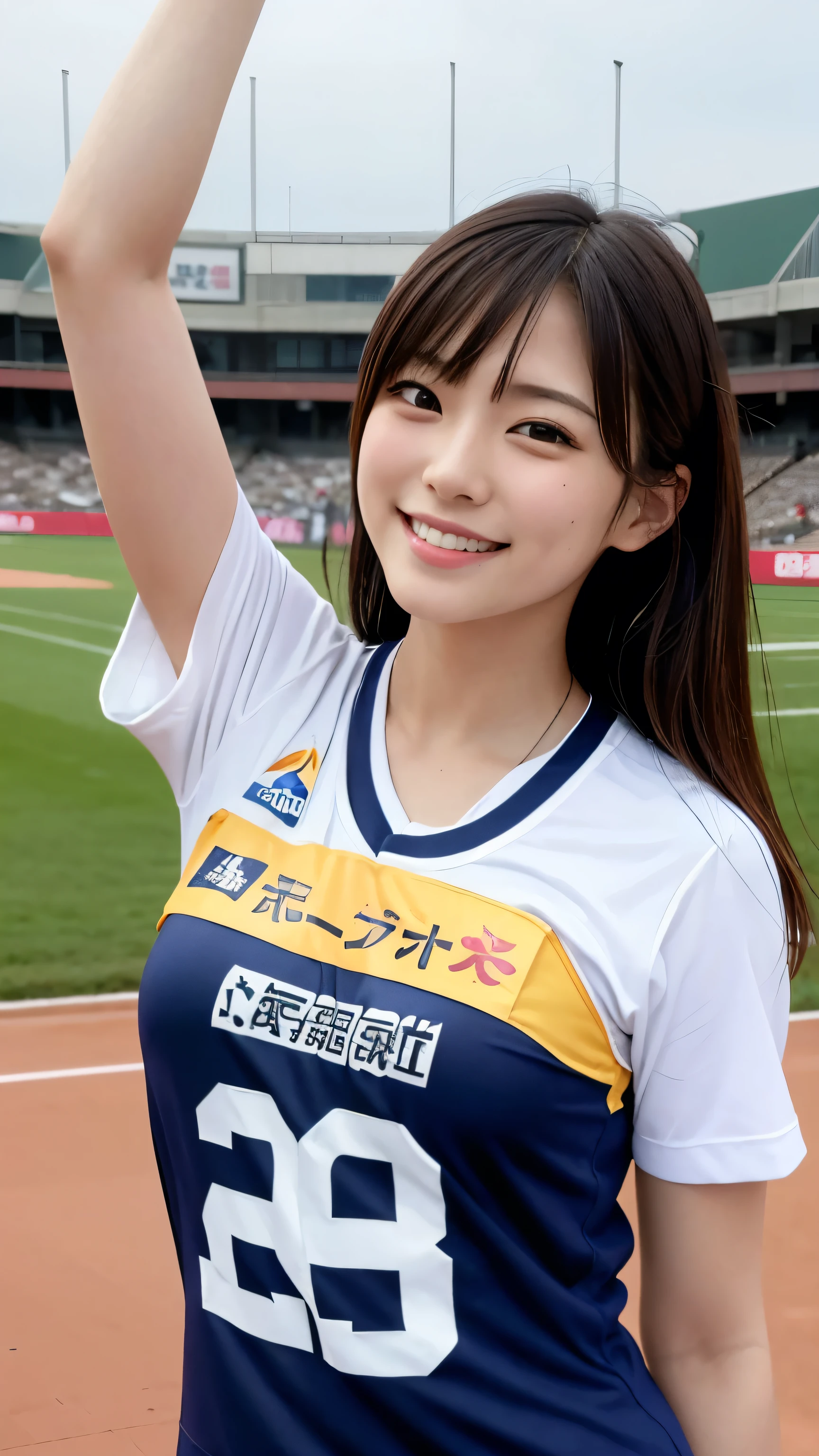 Highest quality、Realistically、Radiant Skin、Japanese women、Around 20 years old、Gravure idol、Athletics stadium with spectators、Track competitions、Number-only bib number、uniform、Smiling and posing in victory pose、