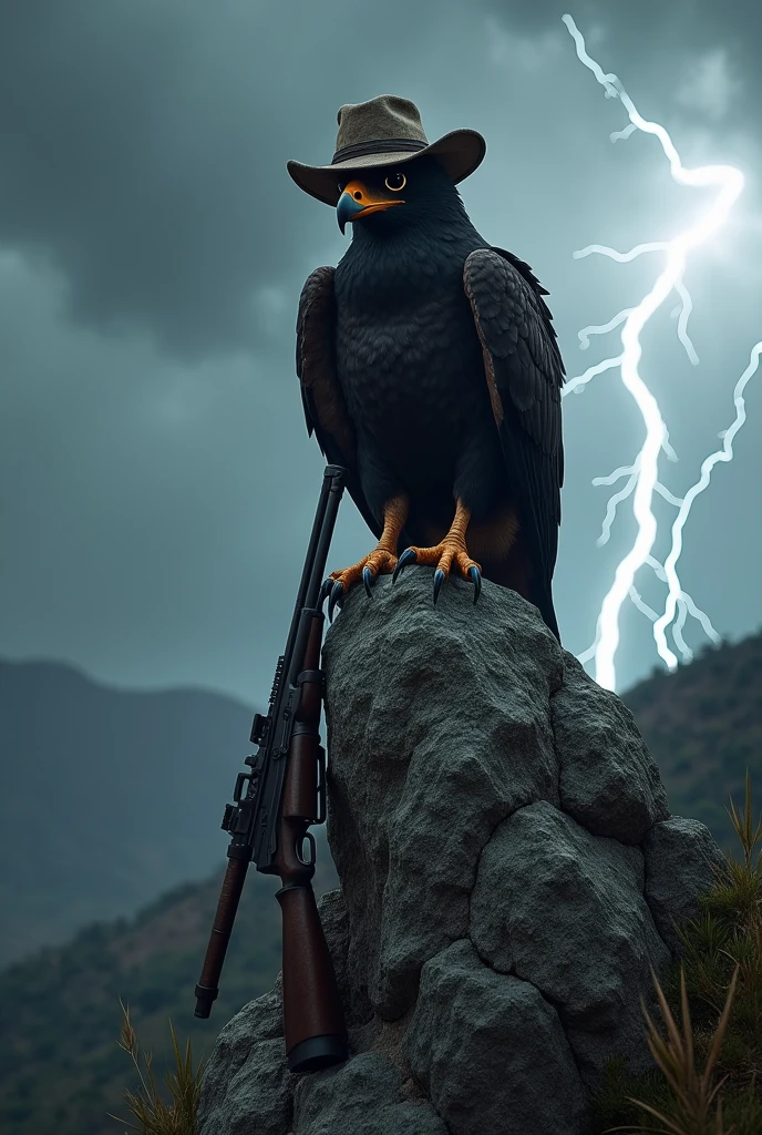 Make a black hawk on top of a rock, lightning falling behind, cangaceiro hat, northeastern, hillbilly, has a shotgun