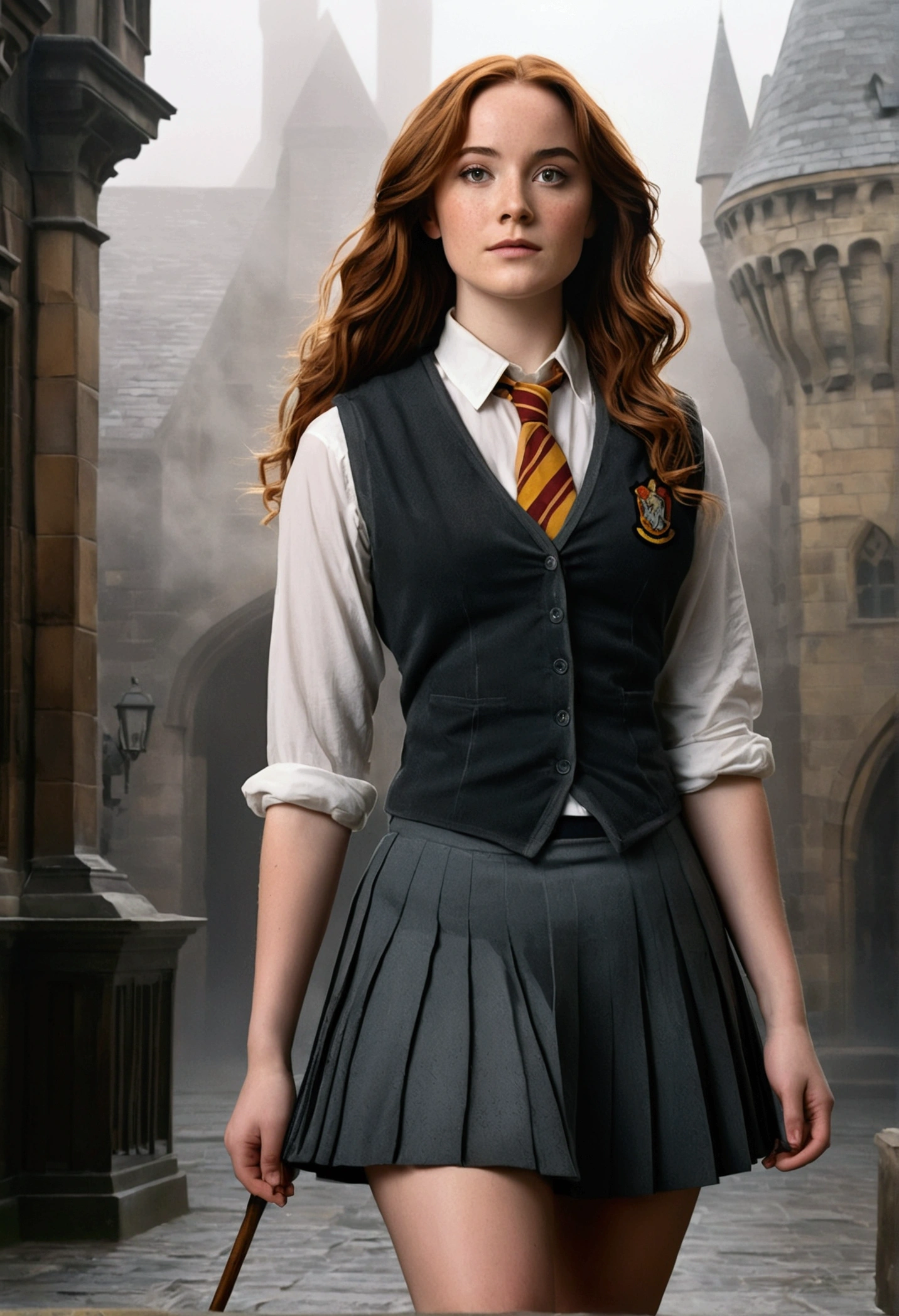 An illustrated movie poster, hand-drawn, full color, a female Hogwarts student, 1, wearing a charcoal vest and a pleated skirt, tall, toned, amazonian stature, athletic hourglass figure, full wide hips, massive round butt, long shapely legs, ridiculously thick powerful thighs, deep dark auburn hair, long messy waves, flushed sun-kissed complexion, freckles, resembles Genevieve O'Reilly, standing in a foggy Hogwarts courtyard, surrounded by mist, graphite shading, stencil marks, airbrushed acrylic paint, masterpiece, in the Deathly Hallows