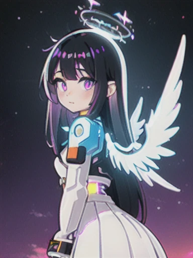 ((masterpiece, best quality, extremely detailed), volumetric lighting, ambient occlusion, colorful, glowing),
1girl, solo, young girl, (black white ombre hair), long hair, halo, aura, sacred, godness, cyber suit with skirt, (white outfit:1.3), android, bot, angel wings,
outdoors, sunset, sky, clouds, space, (cyberpunk theme:1.2),