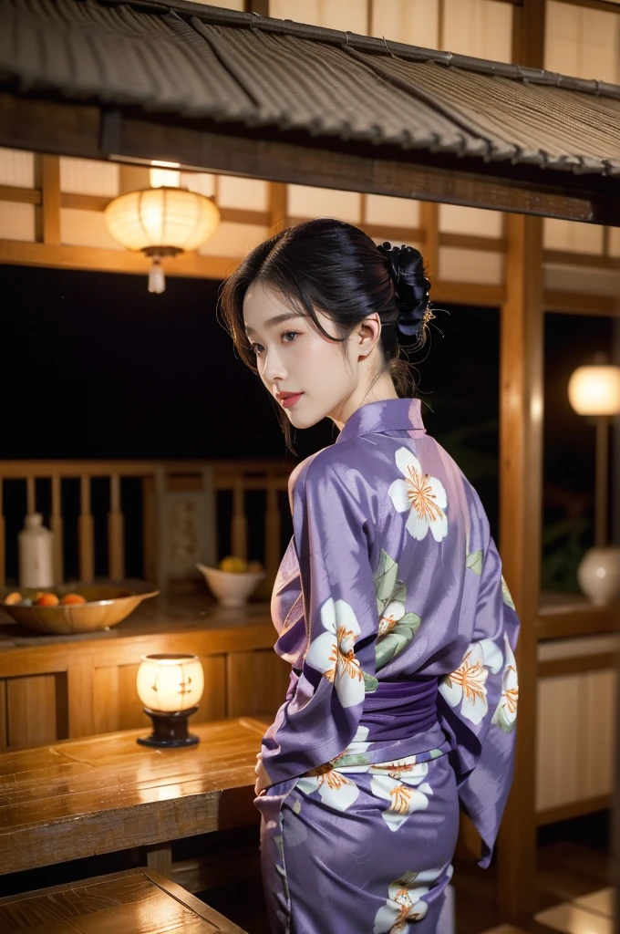 (((best quality))),(((ultra detailed))),(((masterpiece))),illustration,((1 beautiful Japannese woman,50-years-old,solo)),((slim,thin,mature)),((small breasts,flat chest)),(in izakaya:1.3),(summer:1.2),(rainy:1.3),(indoor:1.2),(night scene:1.3),(wet:1.3),(purple floral yukata:1.3),neat bun,porcelain skin,rouge,dimly lit,warm glow,ethereal,(standing:1.3),(arms behind back:1.3),sake bottle,half-empty glass,tray,grilled fish,steamed vegetables,half-eaten,melancholic smile,storm,solitude,enigmatic aura,tranquility,chaos,simplicity,mysterious,captivating,((from front,upper body))