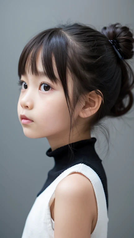 (best quality, masterpiece:1.4), ultra high res, 8k, ultra-detailed, (photo-realistic:1.2), RAW photo, perfect anatomy, detailed face, detailed eyes, detailed skin, 1girl, cute, Japanese, ( girl:1.3), topknot, bangs, standing, sleeveless turtle-neck sweater, black hair, soft light, cinematic lighting, cinematic shadows, (looking at viewer:1.2), white wall background