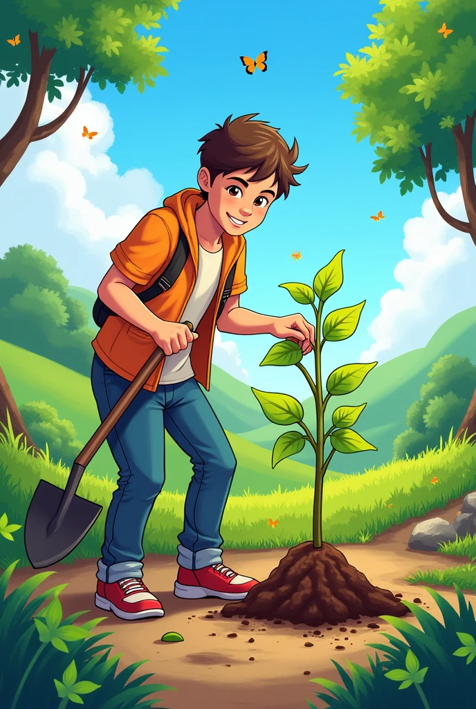 (A tree is panted by a man ) make a colourful drawing for grade 8