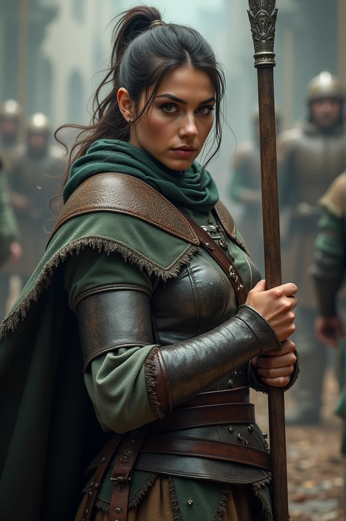 Woman , wearing gambeson , with her hair tied up and a medieval spear in her hand .