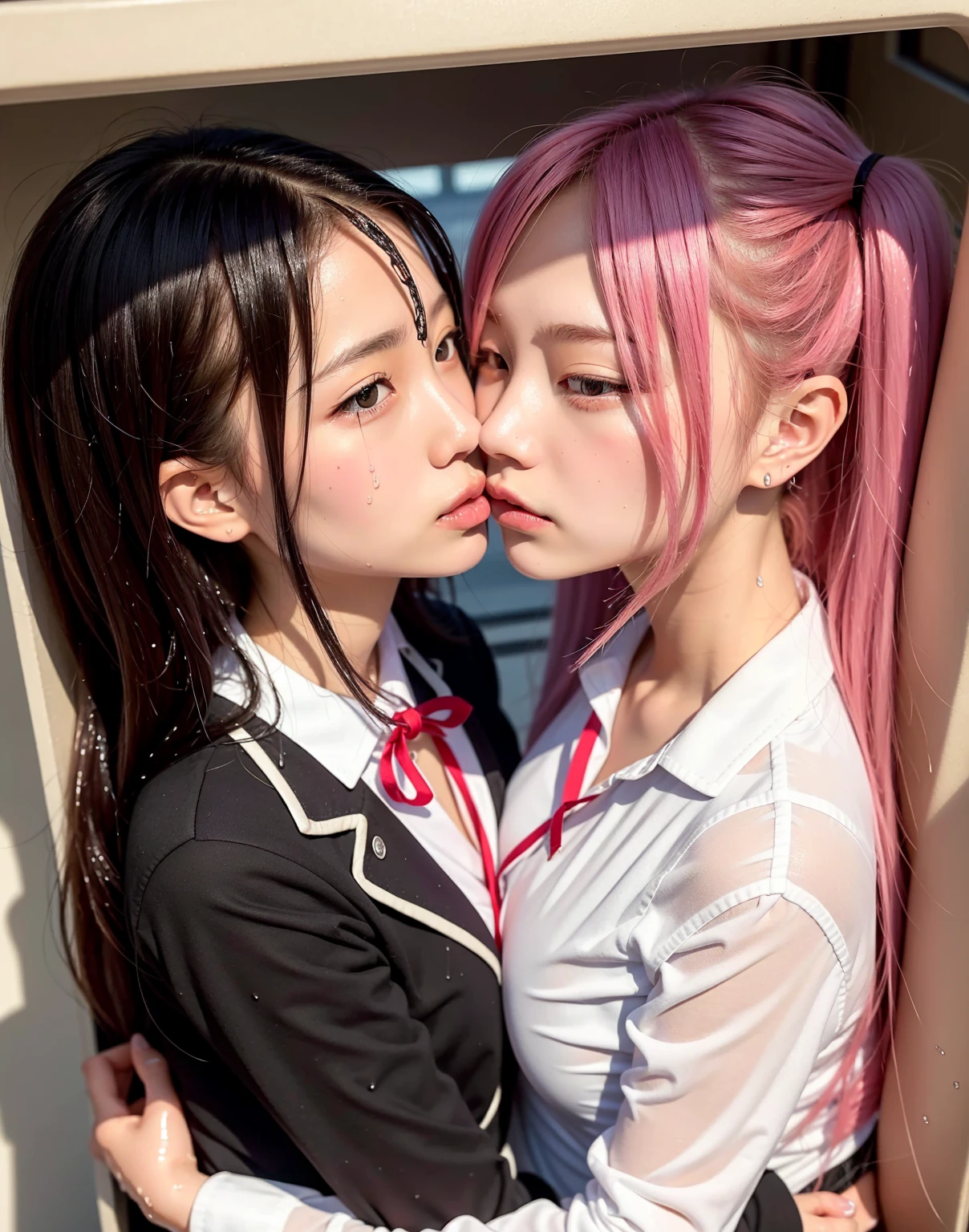 anime image of a couple kissing in a room with snow falling, kissing together cutely, kissing together, manhwa, lovely kiss, shoujo manga, kissing each other, kiss mouth to mouth, sui ishida art manga, bite her lip, accurate depiction, in the art style of bowater, high quality fanart, lesbian kiss, shojo manga