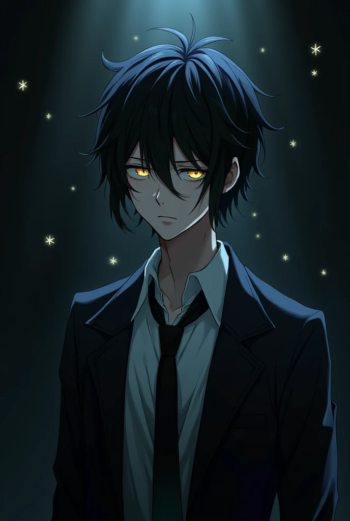 anime,black hair,male,Lab coat Black,tie(unbutton),eyes bags,black ground fantasy