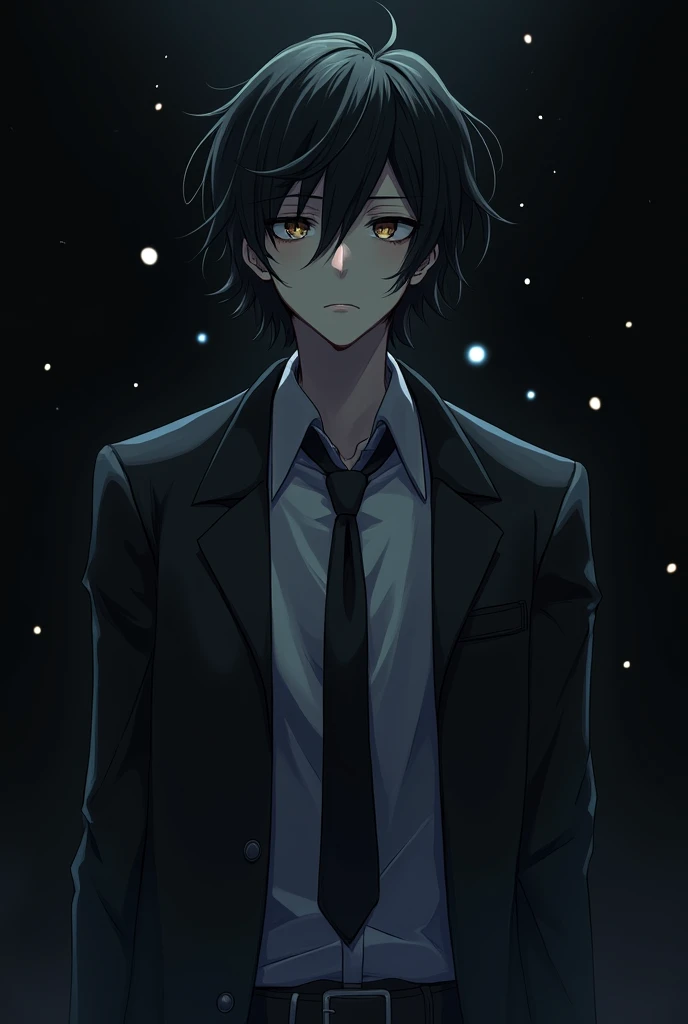 anime,black hair,male,Lab coat Black,tie(unbutton),eyes bags,black ground fantasy