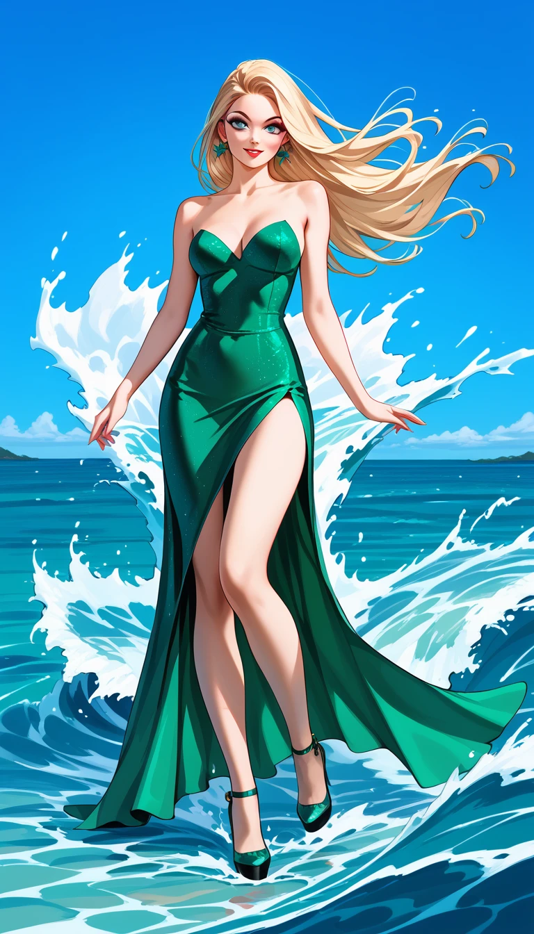 highest quality,masterpiece,ultra high resolution,(actual:1.4),original photo,ultra high resolution，8K，there is a woman，Fair skin，exquisite makeup，big waves，blue-green dress with open neckline:1.2，high heels，long legs，bright and beautiful，sexy random poses，Lively poses，slender woman:1.5，