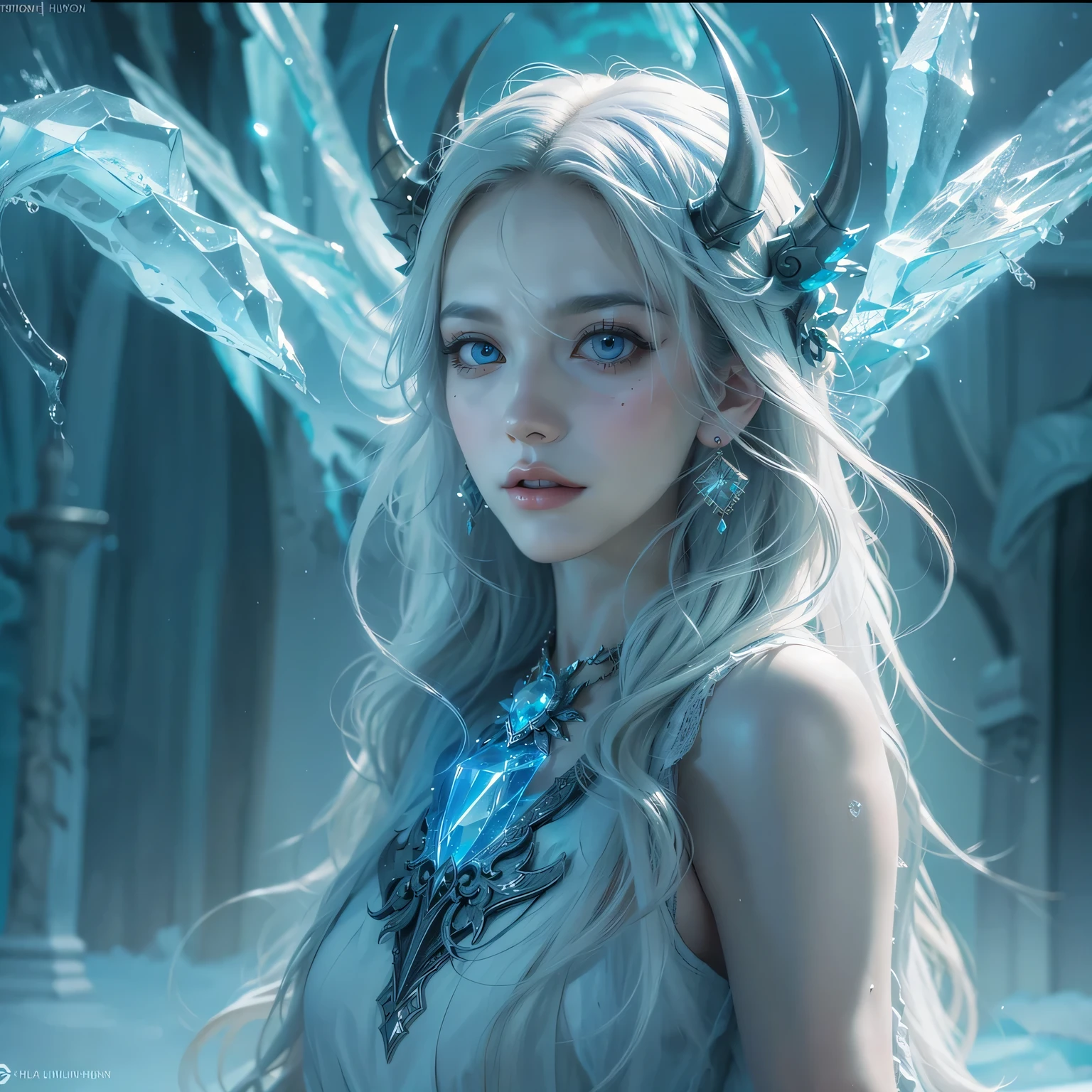 This (realistic fantasy) art contains embers, real ice, real freeze, and realistic cold. Generate a masterpiece artwork of a female ice druid with large (((blue and white))) eyes. The ice druid is awe-inspiring with beautiful ((realistic fiery eyes)) alight with confidence and power. Her features are elegant and well defined, with ((soft and puffy lips)), elven bone structure, and realistic shading. Her eyes are important and should be the focal point of this artwork, with ((extremely realistic details, macro details, and shimmer.)) She is wearing a billowing and glittering dress made of realistic flames and jewels that glimmer in the fire light. Wisps of fire and smoke line the intricate bodice of the dress. Include bumps, stones, icy iridescence, glowing embers, silk and satin and leather, an interesting background, and heavy fantasy elements. Camera: Utilize dynamic composition techniques to enhance the realistic ice.