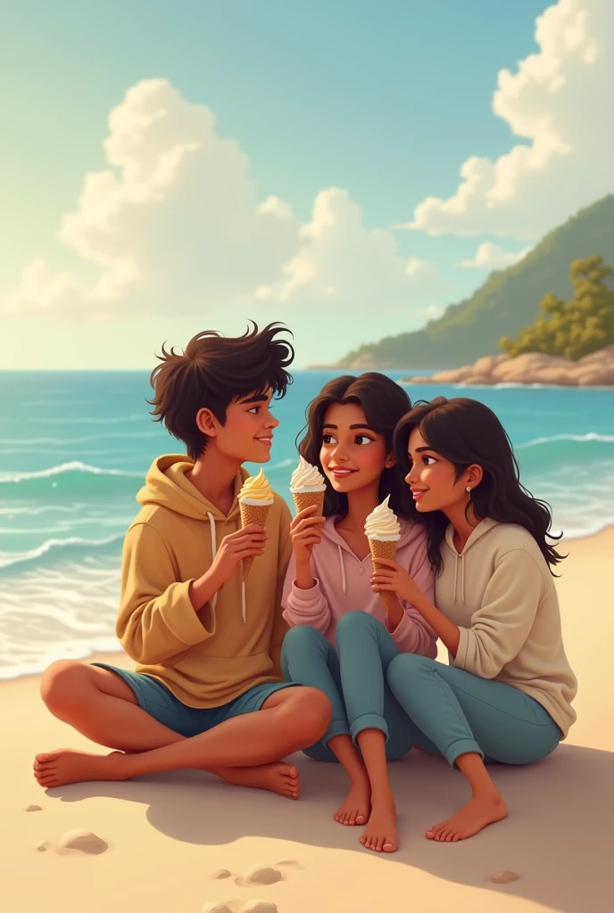 A 2 indian boy with medium long hair wearing hoodie and seating with his 2 beautiful indian girlfriend on the side of beach. And ice cream