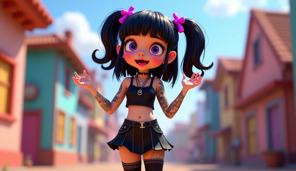 create a pixar style 3D cartoon image of a white girl with black hair and purple highlights, wearing gothic clothes, tattoos and piercings, black skirt with thigh high socks, with the tongue out making a radical gesture