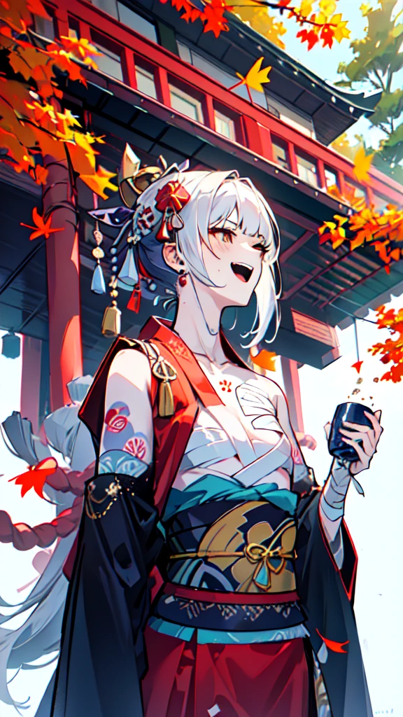 (((((roll up bandage sideways on a chest tightly to cover the chest without gaps))))), (((bandage samweways))),, ((Japanese Gangster BOSS)), adult woman with the dignified presence, Killing Qi, wear nothing around shoulder, wear nothing around neck, wear the kimono, wear it below the waist, I wind it up to control it, and to attach it, ((kimono come off)) ,wear the kimono multiple times, black and gold kimono, put on over jacket of kimono, a sword on the ground, long sword, low angle, whole body, anime character, Glaring, off sholder, Excellent, can see both shoulder, long kimono hem, small face, big tattoo on the arm,muscular,((((Drinking Japanese sake with japanese grail)))), The kimono is spreading,ultra-detailed,super beautiful,Masterpiece,Killing Qi,Intimidation, a person,Selfish person,Ginkgo biloba pattern,Under the trees with autumn leaves,tall,Imposing,colorful kimono,vanpire woman,Circular tattoo on the back,can see back,Turned around pose,Retrospective, ((Hearty laughter))