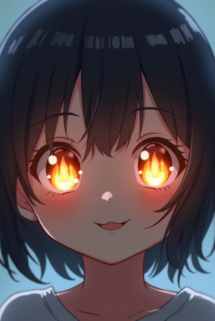 the eyes are the lamp of the body. Two pacific eyes with a little flame inside in both iris of them.A child caracter is smiling.Not an anime