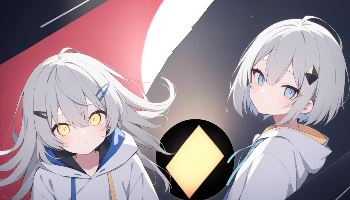Thin gray hair　Red light in blue eyes　Widely opened eyes　looking at the camera　White hoodie　Blue and black line pattern　White hoodie with black and blue lines　Diamond-shaped hair ornament　Black hairpin　A yellow triangle on the bottom of the hair accessory　　Jagged black hole on the outside of the hood　Black triangle on the hood２t　２０age