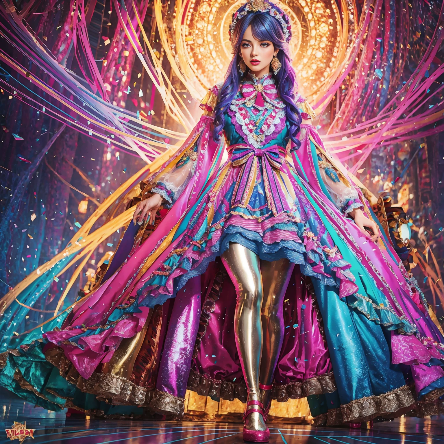 Movie poster composition, Ambilight, Nine-head body, Group photo, ((multicolored))，Three or more girls，Model figure, long-legged woman, A woman in a luxurious and elaborate lolita dress, wearing lolita mary jane shoes with ornate details, patterned tights, (Glossy Reflecting collection), (Glossy Reflecting collection), (Oily shiny)), (Metallic clothes), (Metallic dress), (Metallic tights):1.2)，standing on a snowy mountain, with reflective skin and reflective clothing, venusbody,Large movement amplitude, (full body shot), ray tracing, reflection light, chiaroscuro, UHD, masterpiece, anatomically correct, textured skin, super detail, high quality, 4K, highres