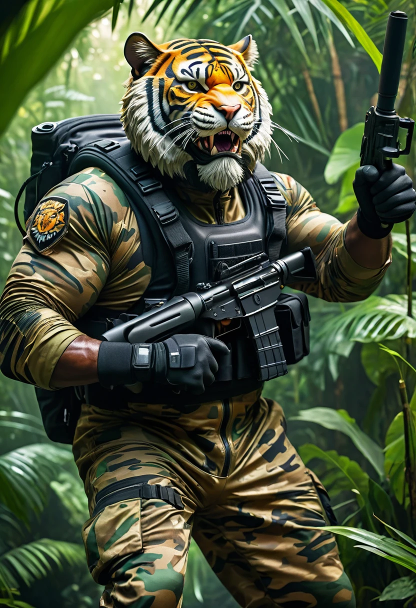 (a dark-skinned bearded fat muscular old man in a bulky army camouflage zipper diver suit) holding a gun, (wearing a small-sized realistic roaring tiger mask), dynamic action pose, fierce expression, showcasing an imposing stature, surrounded by military elements, dramatic shadows and intense highlights, cinematic color tones, high detail, powerful, art influenced by Bruce Onobrakpeya and Stanley Artgerm, ultra-detailed, best quality image, action-packed atmosphere. thumbs up pose. jungle background