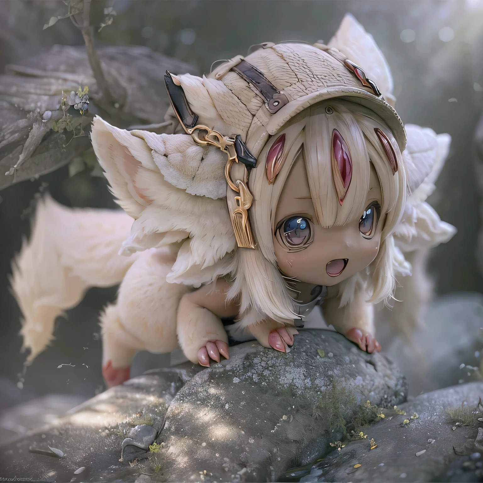 in the garden, smile, Made in Abyss's Faputa. She is beautiful, Beautiful eyes and lips.  (((Chibi Style,))) . Image quality is excellent, Highly detailed and realistic features. The medium of this work is、Combining illustration and photorealistic rendering.. The colors are vivid、The lighting creates a warm and bright atmosphere。 Cute poses for full body comparison,Gray Hair、Black skin and anger