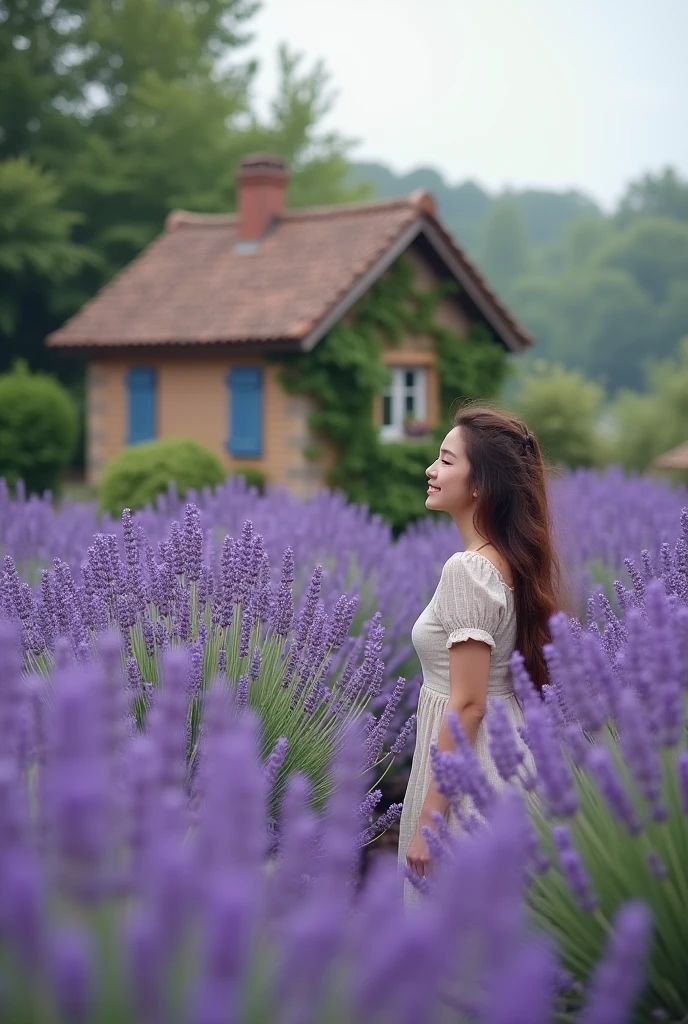 A picture length 10.4cm and width 14cm of lavendar garden in front of a small house and a young pretty girl is enjoying the smell of the lavenders
