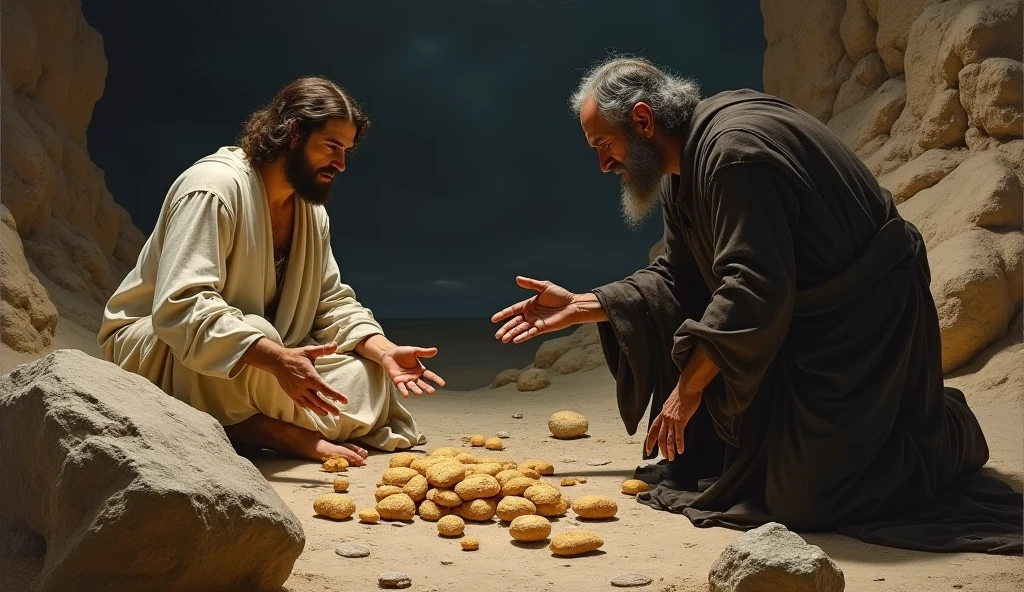 Jesus being tempted to turn stone into bread