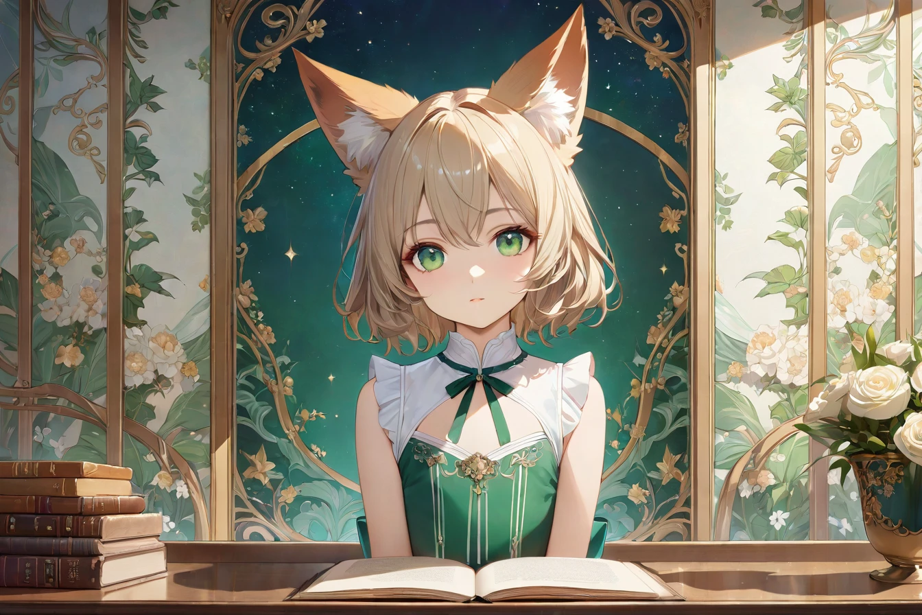 (alone:1.5),(masterpiece:1.5),(Highest quality:1.5),(bust:1.3),wonderful,Beautiful details,Highly detailed wallpaper,Highly detailed CG Unity 8k wallpaper,Very delicate and beautiful eyes,One person, Green Eyes,child,Fox Ears,