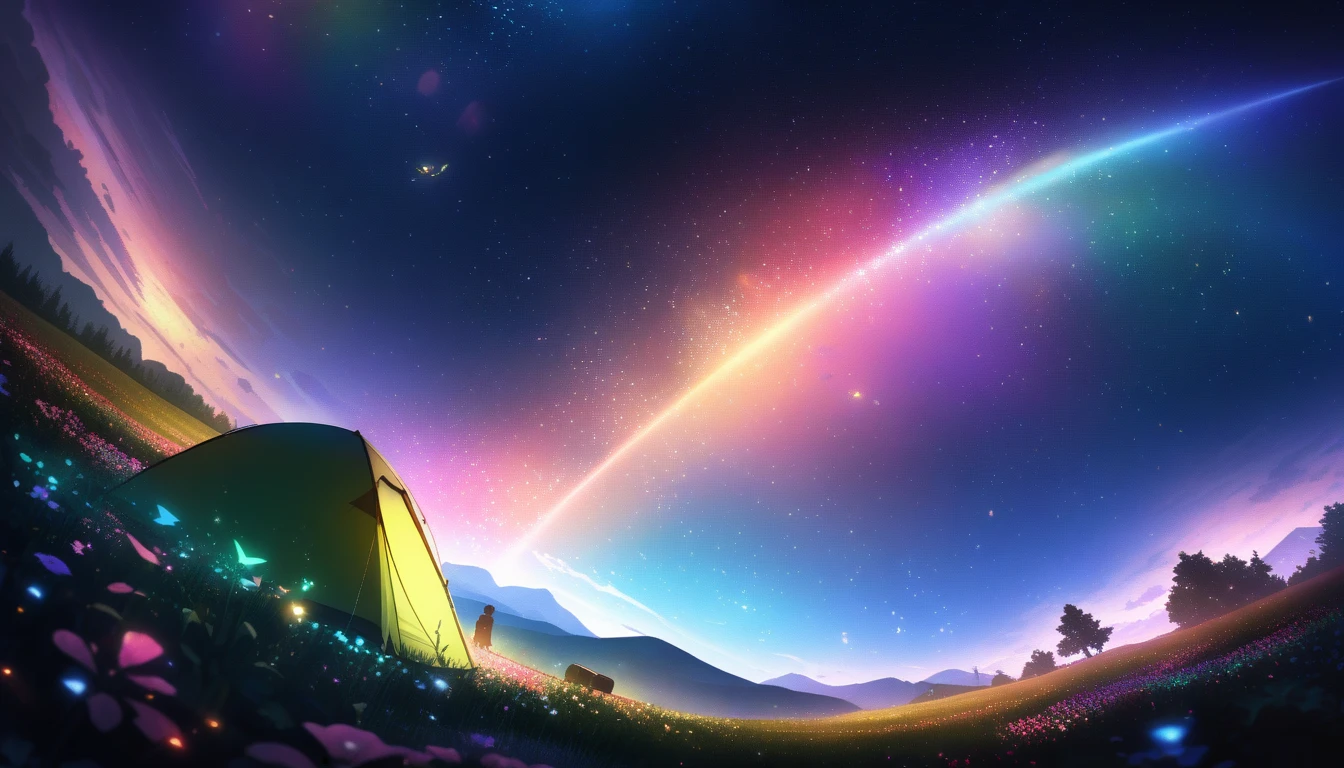 Cozy camping, Outdoor Camping, (tent), Flickering, Absurd resolution, Displaying the viewer, Solo Focus, Dynamic Angle, Ultra-fine, Depth of written boundary, Wide Shot, Vast landscape photography ,( Top view with the field visible from below), Person sitting in a flower field, (full moon), (shooting star), (nebula), Distant Mountain, wood , Production art, (Warm light source), (fire Fly), lamp, Intricate details, Volumetric lighting , (Highest quality), Very detailed, (Dynamic configuration), Very detailed, colorful details,( Rainbow colors), (Glowing lights, Atmospheric lighting), dream-like, Magic, Lens flare, (colorful), Cinematic Light, High resolution, Sharp focus, Smooth, colorful light, particle, Galaxy color scheme