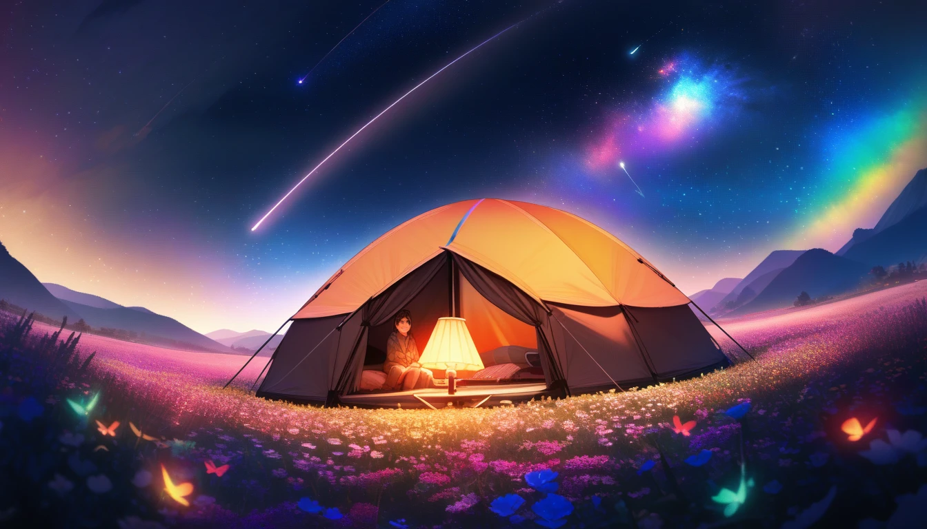 Cozy camping, Outdoor Camping, (tent), Flickering, Absurd resolution, Displaying the viewer, Solo Focus, Dynamic Angle, Ultra-fine, Depth of written boundary, Wide Shot, Vast landscape photography ,( Top view with the field visible from below), Person sitting in a flower field, (full moon), (shooting star), (nebula), Distant Mountain, wood , Production art, (Warm light source), (fire Fly), lamp, Intricate details, Volumetric lighting , (Highest quality), Very detailed, (Dynamic configuration), Very detailed, colorful details,( Rainbow colors), (Glowing lights, Atmospheric lighting), dream-like, Magic, Lens flare, (colorful), Cinematic Light, High resolution, Sharp focus, Smooth, colorful light, particle, Galaxy color scheme