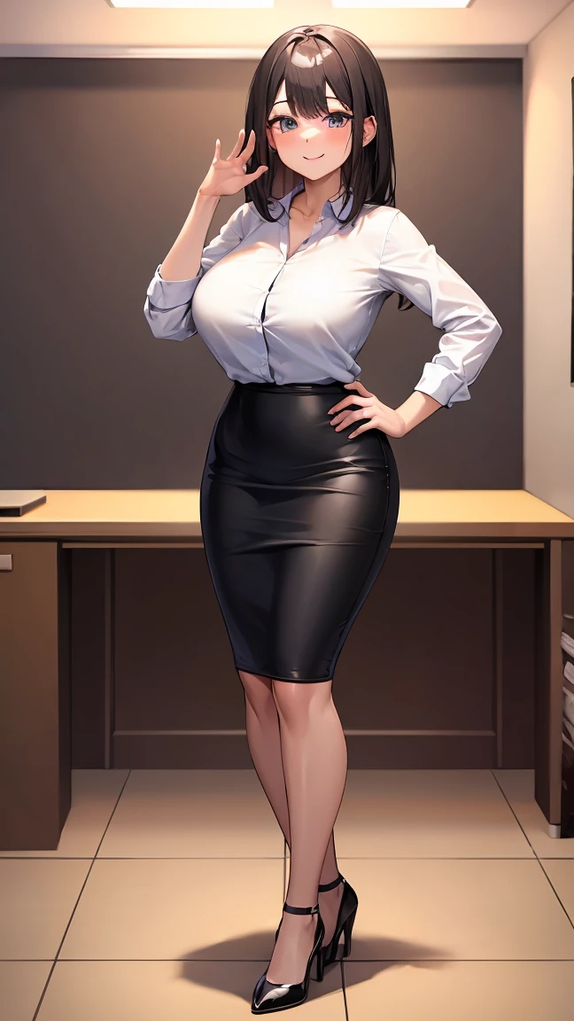 (masterpiece), (Highest quality), 8k, smile, Pencil Skirt, whole body, office, Are standing. Big Tits, I can see the valley,