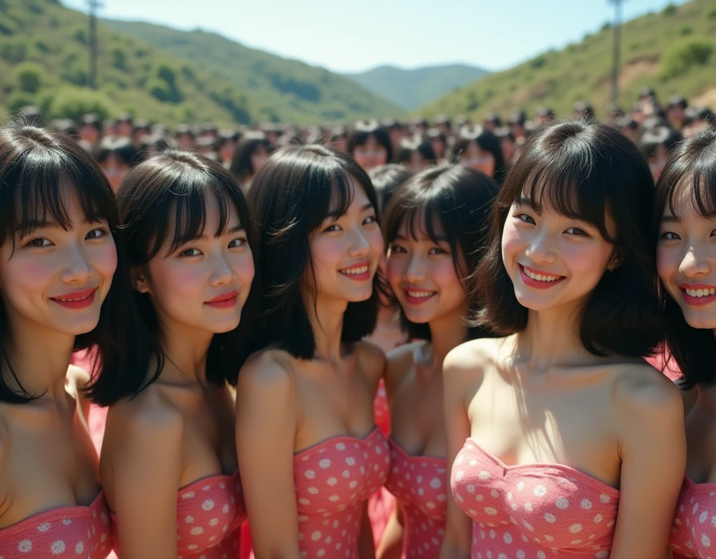 [Japanese Clone girls=Myself], [best masterpiece Clone girls Raw Photography Art], [16K, Highest quality, Ultra-high resolution, RAW Photos], [Unrealistic, Unparalleled, Different dimension, Improbable sight, (((A world of mass proliferation of myselves, Ultra-realistic)))], ((Japanese, woman, 18-year-old, shinozaki-ai)), ((Small face, Thick black hair, Semi-long hair)), (((Very beautiful detailed girls, Accurate body structure, Very detailed完璧な超巨乳ボディ, amazing super big tits, Big, voluptuous breasts, The cleavage is very plump and emphasized))), (Dark Eyes, Mature face, Cute Smile, A gentle gaze), (((Very happy laughter))), ((((((((((Very detailed, 1girl→1,000,000,000,000,000,000,000,000cloning girls)))))))))), ((((((((((Very detailed, Absolute precision, With the depiction of an alter ego, ((((((((The exact same female body, The exact same face, Exactly the same hairstyle, Perfect same clothes, Perfectly the same height, The same exact super big boobs)))))))))))))))))), (((((Myself only))))), ((((((((100,000,000,000,000Myself→100,000,000,000,000,000,000,000,000,000,000,000,000,000,000MyselfThe proliferation of popular idols)))))))), (((((Actress posing, (Cleavage Emphasis), (walk, Run), (Very detailed, among ourselves, Embrace each other, Back to Back, Pleasant conversation, Happy conversation), Free pose, (Sexual seduction)))))), (((((Unbelievably crowded, Abnormal super close contact, 360 degree complete coverage))))), ((Bright and soft sunlight)), (((((wide view, Very wide field of view, Very detailed, Detailed ultra-perspective depiction with clear depth))))), ((((((((Ultra-high-definition poster-like depiction)))))))), Hilly terrain, Slope, Countless &quot;myself&quot; filling up the horizon, mountains and valleys