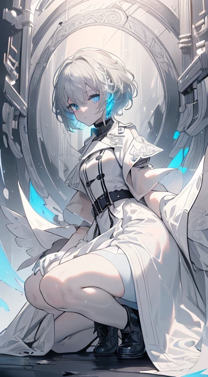 ,White Light Background,succinct,Art Station,Contour,Extremely elaborate details,Intricate details,Startup image,Complementary Color,8k resolution,(Isolated on a white background:1.3),Rainbow Skin,(((Quite young))), (Glowing blue eyes), ((Light-filled eyes)),((((Grey Short Hair:1.1))), ((Black and White,The main color of the dress is white)),,, (((Wear a high-detail Black and White trench coat,She is wearing white short sleeves))), Long white hair,exterior,Wet day,race,Long legs