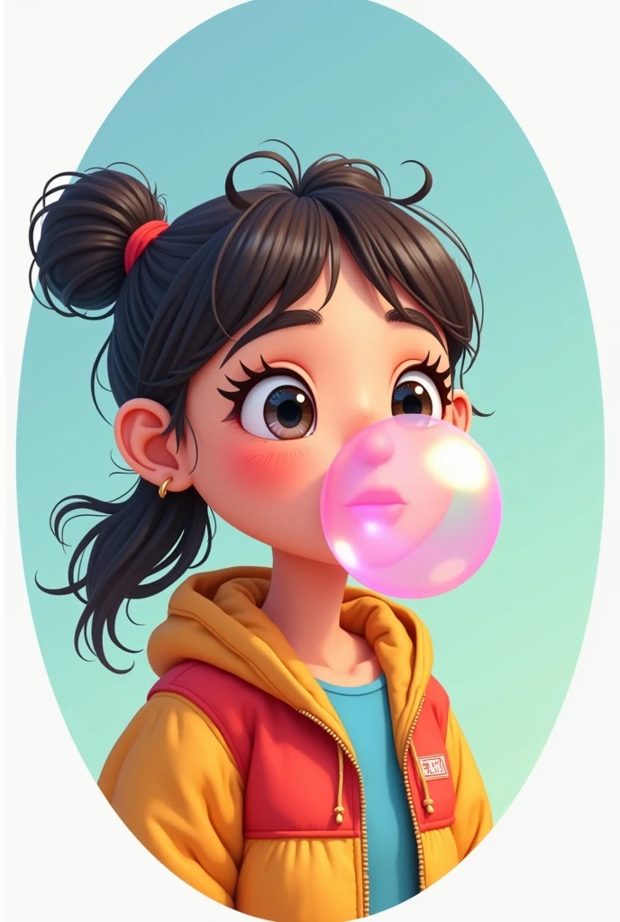Short cartoon girl blowing bubble gum with a loose color full jacket, with a light blue and light green background, in a complete circle frame