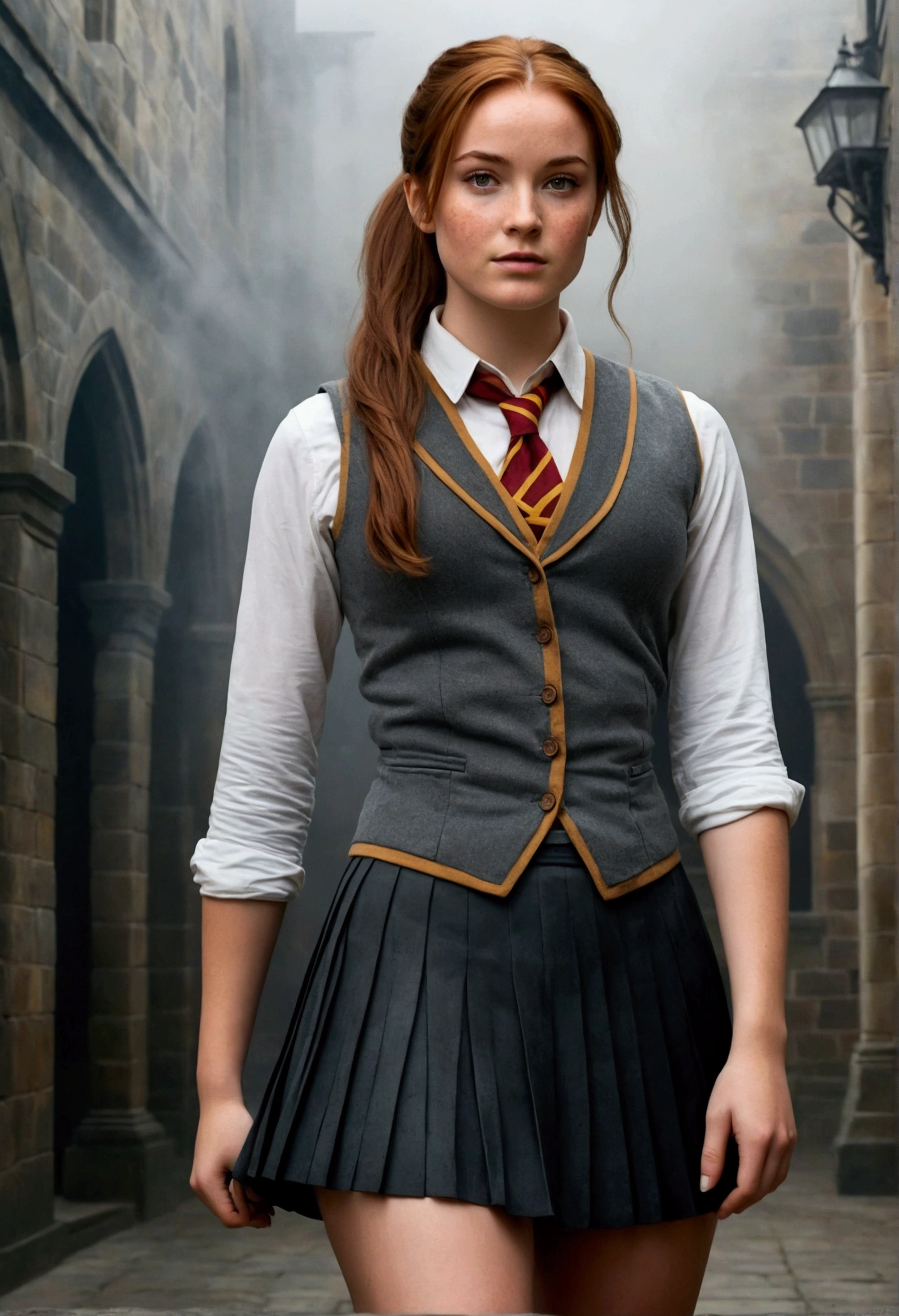 An illustrated movie poster, hand-drawn, full color, a female Hogwarts student, 1, wearing a charcoal vest and a pleated skirt, tall, toned, amazonian stature, athletic hourglass figure, full wide hips, massive round butt, long shapely legs, ridiculously thick powerful thighs, hazel eyes, deep dark auburn hair, messy ponytail, flushed sun-kissed complexion, freckles, resembles Genevieve O'Reilly, standing in a foggy Hogwarts courtyard, surrounded by mist, graphite shading, stencil marks, airbrushed acrylic paint, masterpiece, in the Deathly Hallows