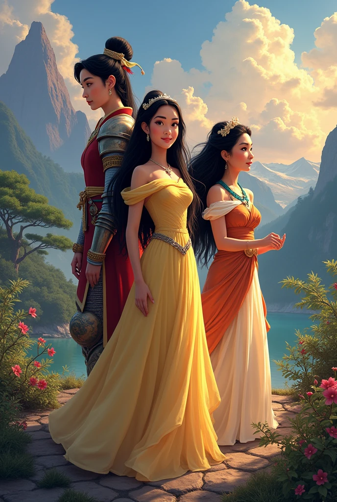Make a character front together with princess mulan, princess belle and princess pocahontas