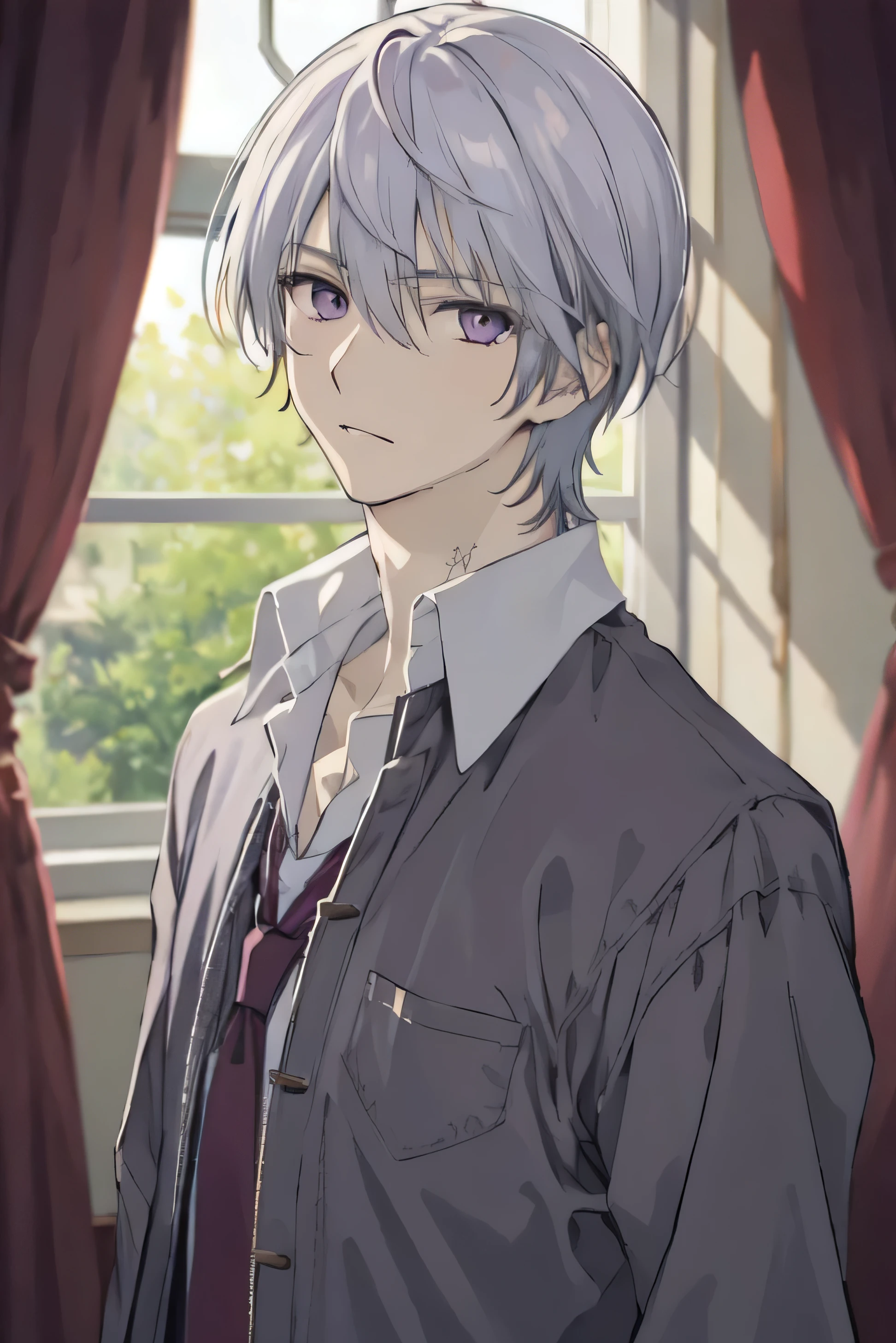 masterpiece, best quality, , 1boy, solo, male focus, looking at viewer, upper body, depth of field, anime coloring, , zero_kiryuu, grey hair, purple eyes, interior, window and purple curtains in background, 