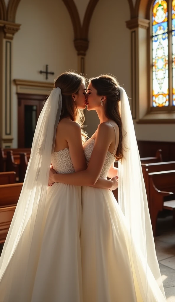 Wedding ceremony, wedding chapel, two women in wedding dresses kissing, two women of different types,close-up