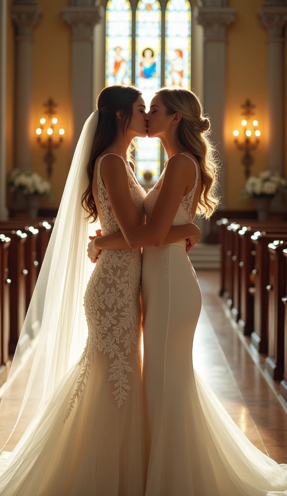 Wedding ceremony, wedding chapel, two women in wedding dresses kissing, two women of different types,close-up