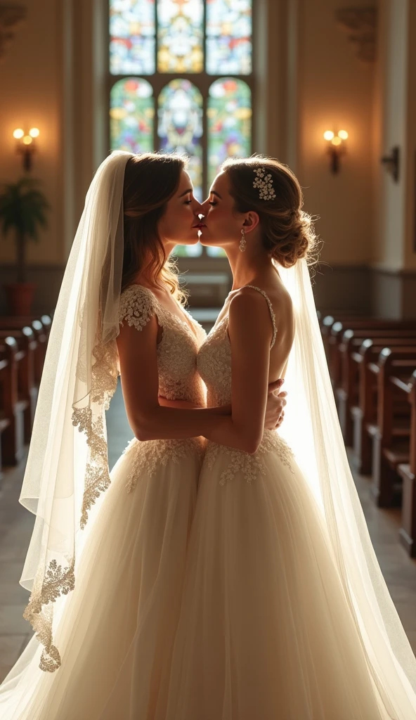 Wedding ceremony, wedding chapel, two women in wedding dresses kissing, two women of different types,close-up