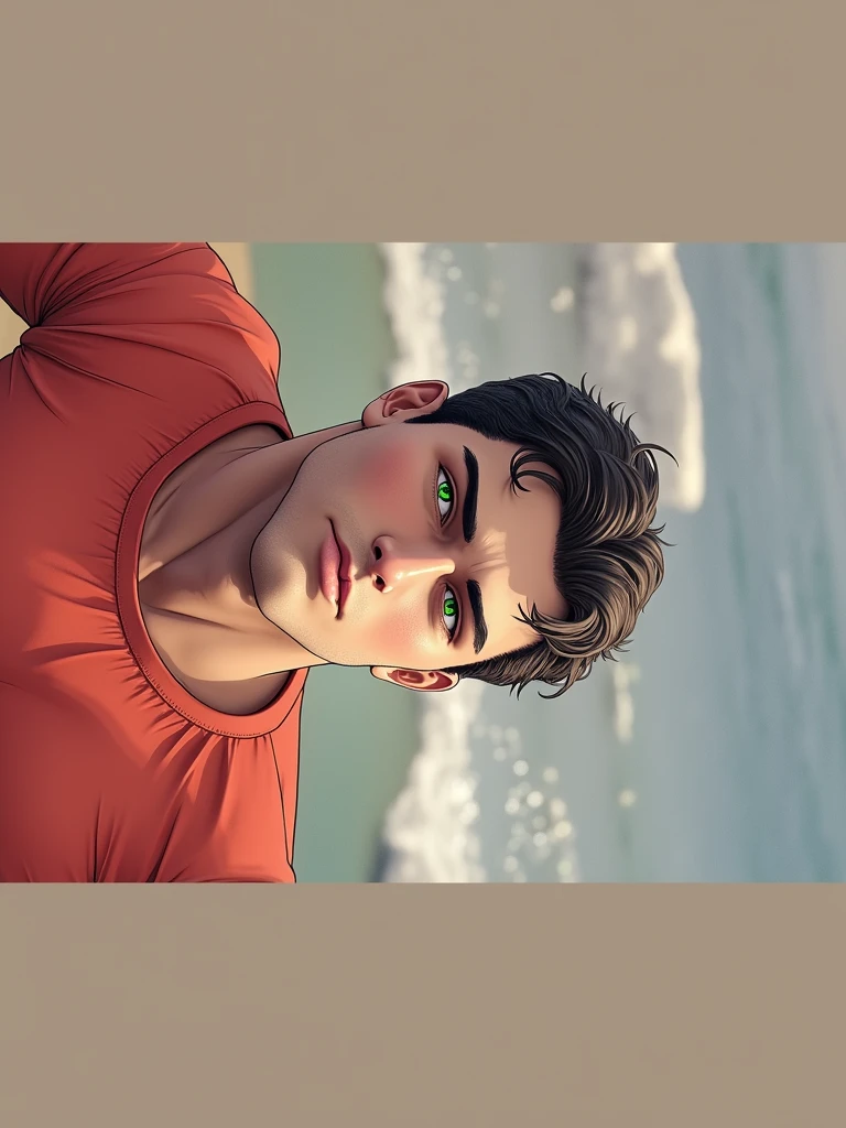 A muscular, defined man with green eyes and a good height sitting on the sand and watching the sea