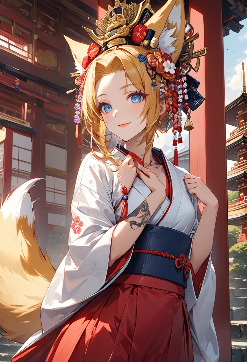 Ink painting, (((1 girl))), (((Tattoo in the middle of the forehead))),(((In the background is the Akatsuki moon))), (((Oiran))), (((Great hair accessories))), Demon possession, ((Masterpiece:1.2)), ((Highest quality)), Extremely detailed and delicate illustration style, Detailed leather texture, Detailed canvas texture, Very detailed description, (Masterpiece T), Extremely beautiful illustration, Highly detailed face, Raw image, professional, Ultra-high resolution panel, Complex details, Superior detail, Intricate decoration details, Perfect anatomy, real, (Very beautiful and cute golden fox woman or girl with blue eyes wearing a kimono), ((Beautiful golden fox ears)), (Beautiful golden fox tail), (Beautiful shiny golden hair), (Beautiful and clear blue eyes), (Beautiful detailed eyes:1.6), ((Japanese temple priestess style: 1.7)), (Traditional tailored outfit), Front view, White flower kimono, Long red hakama skirt, A maxi skirt, Modestly dressed, He smiles, ((Standing and looking at me)), ((The day)), (Extremely detailed and beautiful Japanese temple construction), (8K Highest quality wallpaper), (Extremely detailed and delicate background)