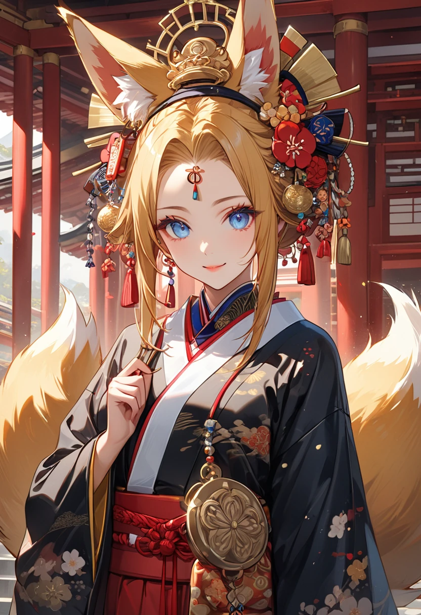 Ink painting, (((1 girl))), (((Tattoo in the middle of the forehead))),(((In the background is the Akatsuki moon))), (((Oiran))), (((Great hair accessories))), Demon possession, ((Masterpiece:1.2)), ((Highest quality)), Extremely detailed and delicate illustration style, Detailed leather texture, Detailed canvas texture, Very detailed description, (Masterpiece T), Extremely beautiful illustration, Highly detailed face, Raw image, professional, Ultra-high resolution panel, Complex details, Superior detail, Intricate decoration details, Perfect anatomy, real, (Very beautiful and cute golden fox woman or girl with blue eyes wearing a kimono), ((Beautiful golden fox ears)), (Beautiful golden fox tail), (Beautiful shiny golden hair), (Beautiful and clear blue eyes), (Beautiful detailed eyes:1.6), ((Japanese temple priestess style: 1.7)), (Traditional tailored outfit), Front view, White flower kimono, Long red hakama skirt, A maxi skirt, Modestly dressed, He smiles, ((Standing and looking at me)), ((The day)), (Extremely detailed and beautiful Japanese temple construction), (8K Highest quality wallpaper), (Extremely detailed and delicate background)