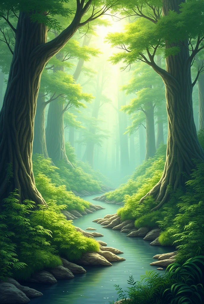 Create a serene wallpaper that captures the essence of nature. Focus on a lush, green forest with sunlight filtering through the trees, creating dappled patterns on the forest floor. Include elements like ferns, moss, and a gentle stream running through the scene. The goal is to evoke a sense of tranquility and connection with the natural world. Use soft, earthy colors and ensure the design is high-resolution for a calming and immersive experience.