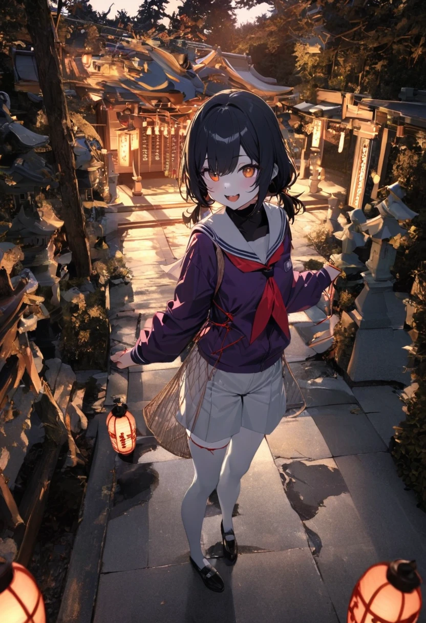 (Highest quality:1.2, Very detailed, Latest, Vibrant, Ultra-high resolution, High Contrast, Super Detail, masterpiece:1.2, Highest quality, Best aesthetics),cute、Amazingly white skin、dark dark blue hair、Mesh on right bangs(Thin rattan color)、low twintails(Red string)、cat eyes(Light rattan color)、Cheerful smile、Double teeth、　Sailor suit 、Shorts、White tights、Purple jacket(open style)、　　background/Shrine at night、Outdoor、Pitch black、In front of the main hall２Three lanterns、wood々Surrounded by、