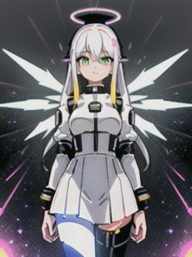 ((masterpiece, best quality, extremely detailed), volumetric lighting, ambient occlusion, colorful, glowing),
1girl, solo, young girl, (black and white hair), long hair, halo, aura, sacred, godness, cyber suit with skirt (white outfit:1.3), android, bot, floating, angel wings,
outdoors, sunset, sky, clouds, space, (cyberpunk theme:1.2),