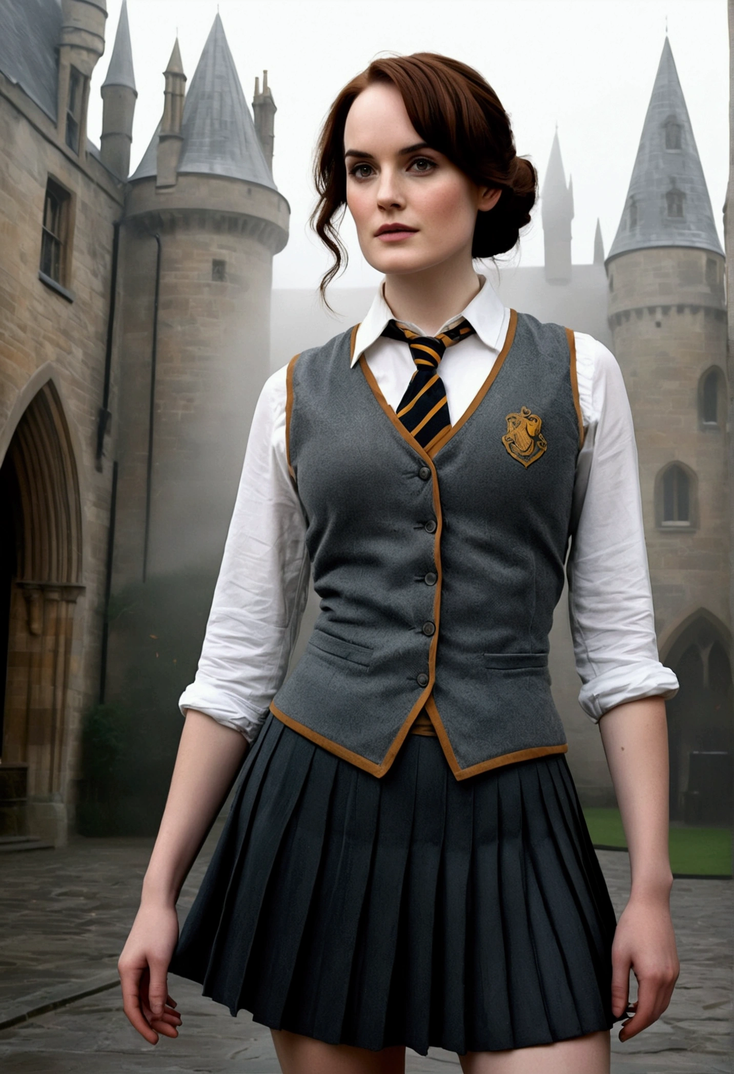 An illustrated movie poster, hand-drawn, full color, a female Hogwarts student, 1, wearing a charcoal vest and a pleated skirt, tall, toned, amazonian stature, athletic hourglass figure, full wide hips, massive round butt, long shapely legs, ridiculously thick powerful thighs, hazel eyes, deep dark auburn hair, messy ponytail, flushed sun-kissed complexion, freckles, resembles Michelle Dockery, standing in a foggy Hogwarts courtyard, surrounded by mist, graphite shading, stencil marks, airbrushed acrylic paint, masterpiece, in the Deathly Hallows