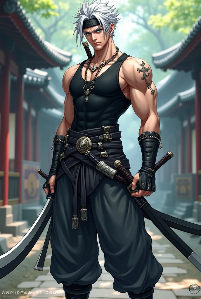     Height and Presence: The character is tall and muscular, with a commanding presence that exudes power and confidence.

    body hair: She has short, silver hair with an edgy style., in a silvery-white tone similar to Tengen Uzui, but with a softer touch, fluid and stylized. Hair should look spiky and messy, with locks that fall in layers.

    eyeballs: Your eyes are deep blue, with an intensity that reflects his combat experience. They have a slightly angular shape, accentuating his penetrating and determined gaze.

    badass clothing:
        upper part: Wears a black sleeveless tank top, with silver details and a design that highlights its imposing physique. Include alguns elementos decorativos, such as hunter symbols or stylized patterns.
        Bottom: Wear loose, flowing pants, in a dark gray tone, with silver details. The pants should have an elegant and tailored style to facilitate agile movements in combat..
        Accessories: Add a sturdy combat belt with ornate detailing and a distinctive symbol that represents your lineage or combat style. Include também uma faixa de cabeça estilizada, similar to Tengen Uzui, but with an original and sophisticated design.

    canons e Equipment:
        canons: He carries two curved swords, with silver blades and intricate details on the handle that reflect the demon hunter tradition.
        Equipment: Add some combat adornments or talismans hanging from your waist or belt., that may have special meanings or powers.

    enviroment: The background can be a traditional Japanese scenery, like an ancient city or a forest, which complements the character&#39;s imposing presence.

    Expression and posture: The character must have a confident and defiant expression, with a posture that demonstrates his readiness for battle. He must appear as someone who is not afraid to face any challenge..

    Additional Detail: Include 