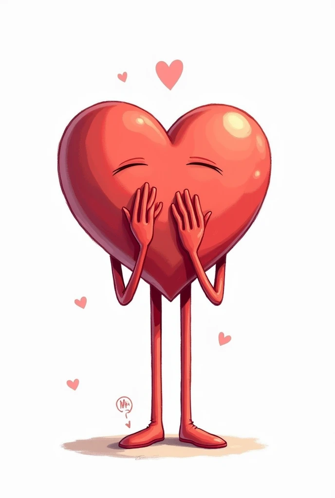 Make me a heart with long limbs that rests on the ground (White background). He has his legs bent and his hands on his face.. The limbs come out from the heart itself, has no body or face. Cartoon style