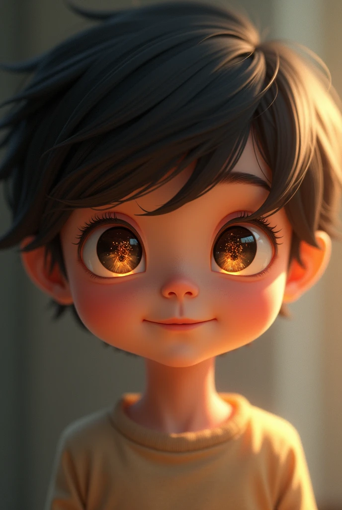 the eyes are the lamp of the body. Two pacific eyes with a little flame inside in both iris of them.A child caracter is smiling.The caracter is not a anime.