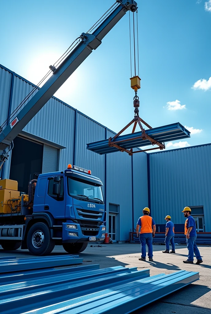 Realistic 8K image of men working on building a warehouse. Workers are installing metal roofs, using a truck with a crane to lift the structures. They are equipped with blue PPE., which include helmets, vests, and gloves. The image is dominated by shades of blue, reflecting the clear sky, the workers' clothes, and details of the crane and metal roof. The scene conveys an atmosphere of focused and safe work., with emphasis on engineering and industrial construction