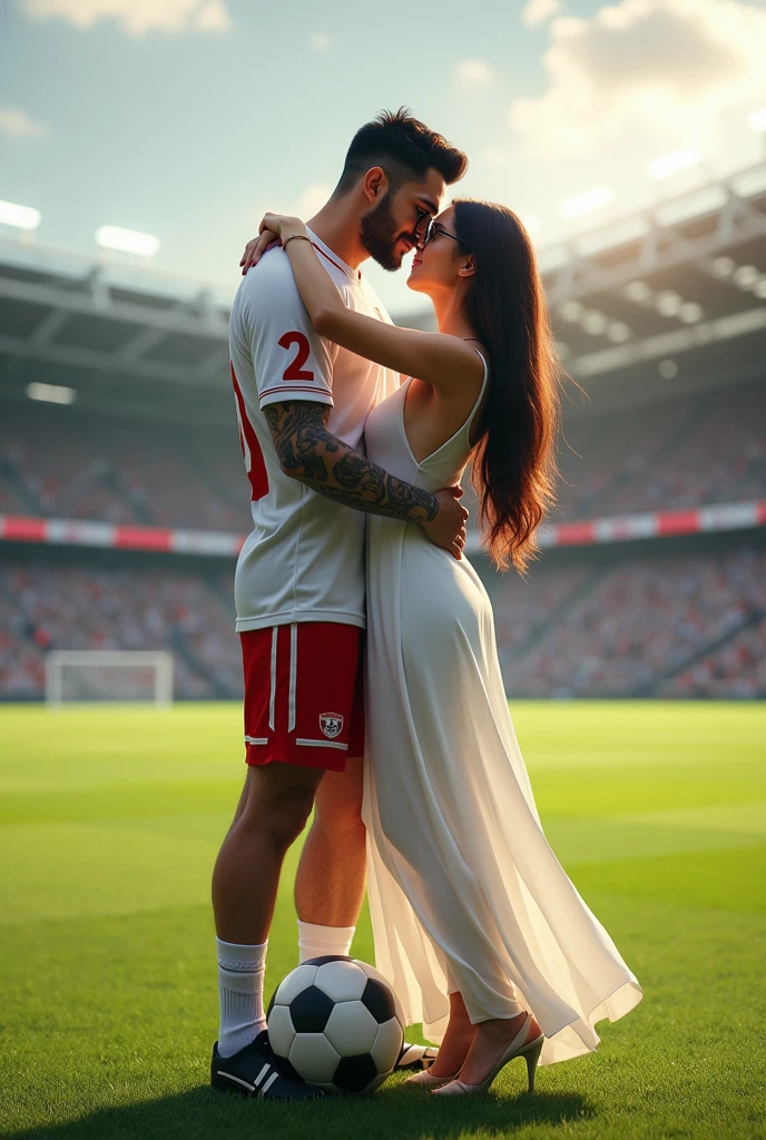 A woman and man standing in football ground looking at each lovingly and hugging and kissing each other.woman is wearing a dress and glasses.she has black hair .man is wearing a white and red 32 number jersey. Man is 1 feet taller than girl. Man one foot standing on soccer ball . Girl is wearing high heel and long white dress make girl hair set. Make them realistic jersey no 32. man s arm cover with tattoo. woman s hand in man s hair and man s arm rests on women s back. woman is wearing long red and white dress