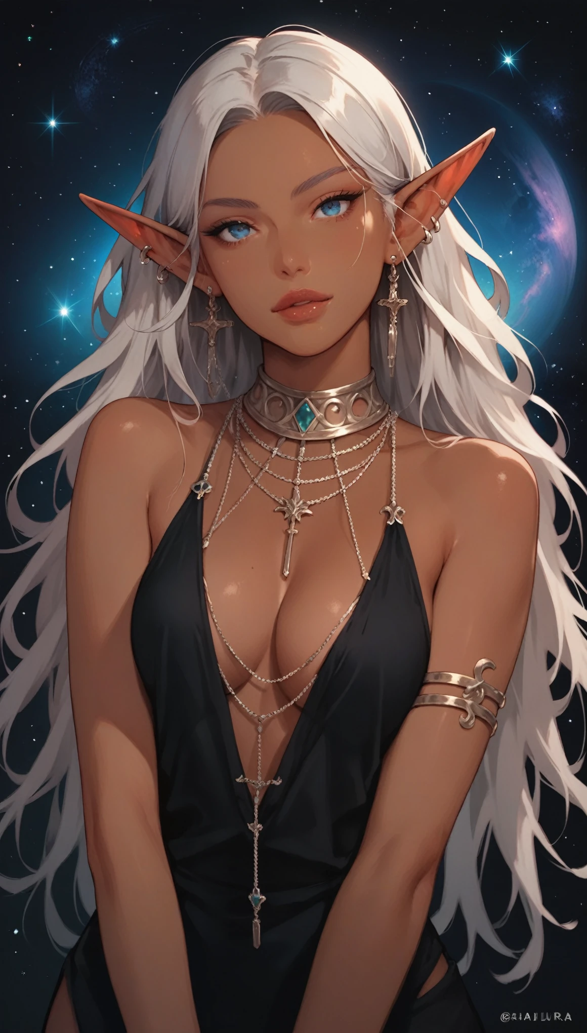 Princess allura, blue eyes, white hair, pointed ears, dark skin, dark-skinned woman, mark on the face, elf, dark elf, jewelry, earrings, loose hair, space, starry sky, galaxies, looks at the viewer, cowboy shot, solo, Dutch angle, hd